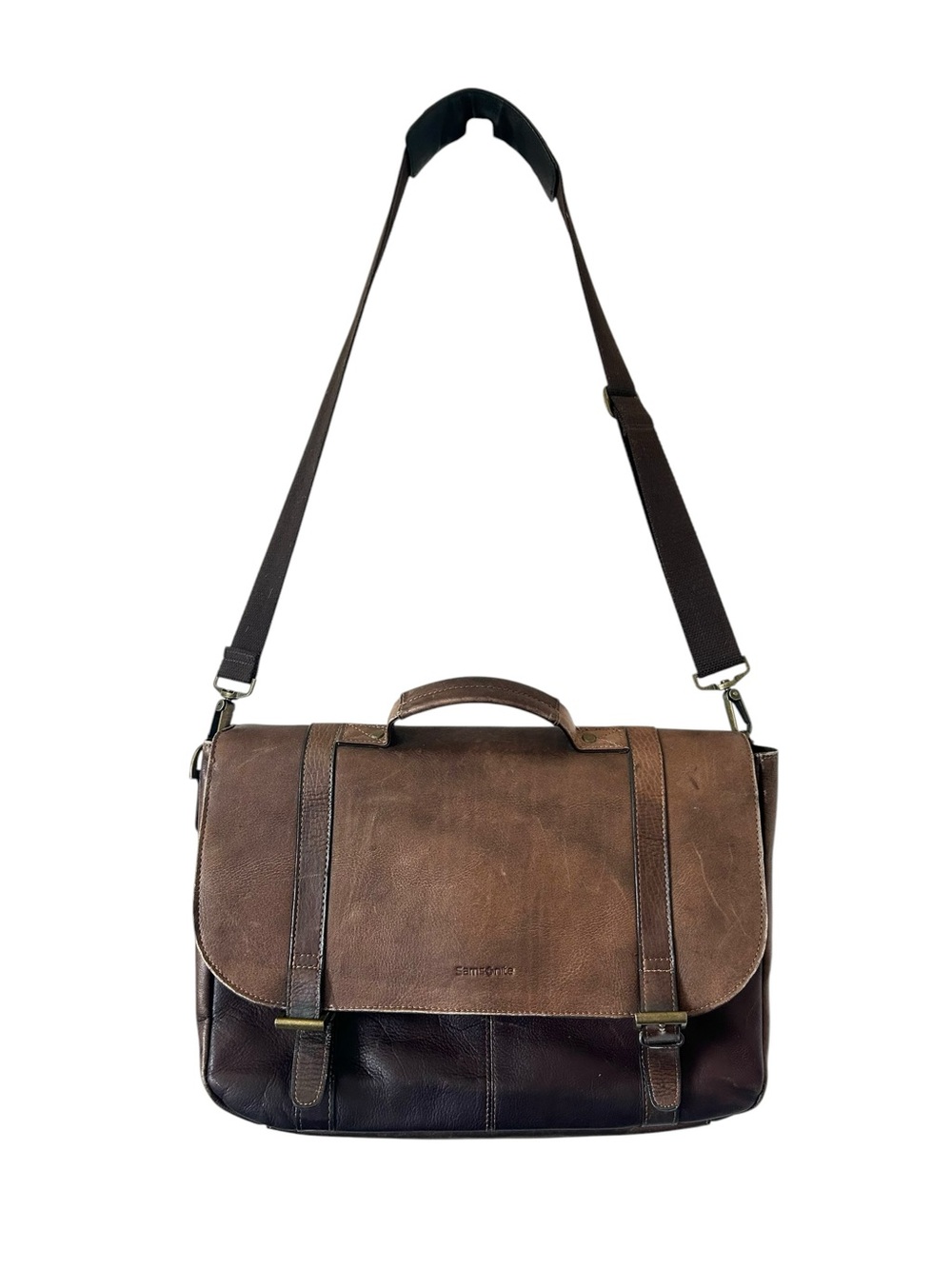 Samsonite Vintage Two-tone Brown Leather Flap-Over Messenger Bag Briefcase